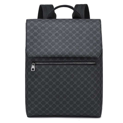 Black patterned backpack with top flap, front zipper, and two carry straps
