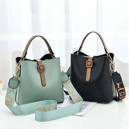 PU leather bucket bag set in mint and black, with top handles and crossbody strap