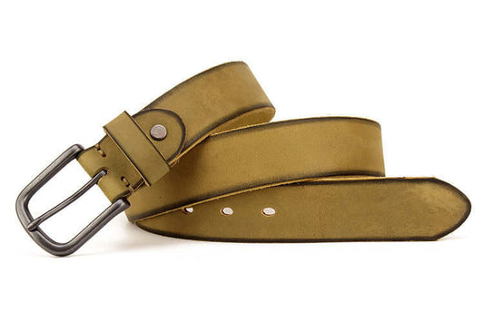 Men's leather pin buckle belt in olive green with a smooth finish and classic buckle for style and durability.