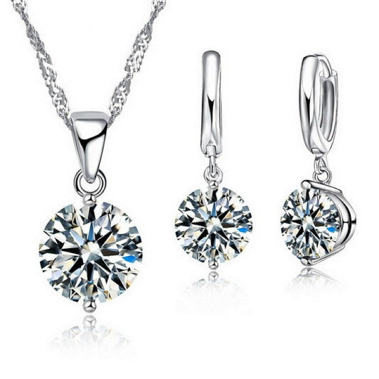 Sterling Silver Pendant Necklace Earrings Set Fashion Jewelry Trendy Style Austrian Crystal Women Engagement Colours