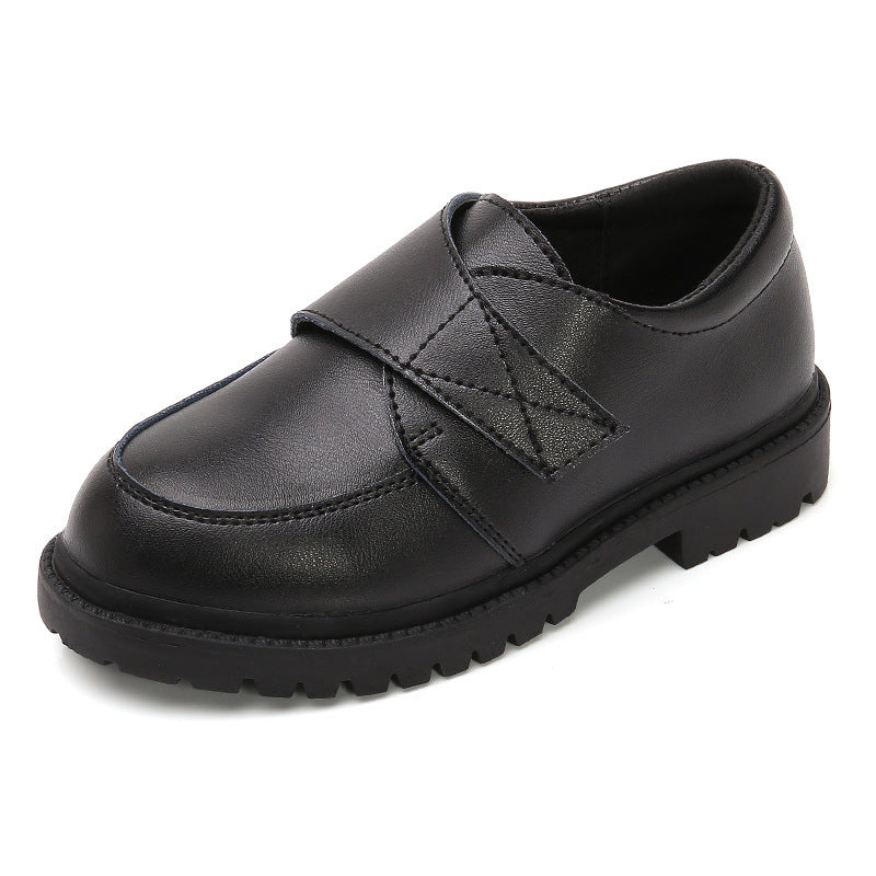 School dance shoes, black slip-on with stitched strap detail and grippy sole