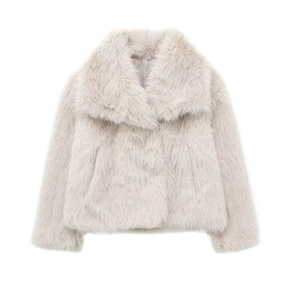 Women's Lapel Long Sleeve Faux Fur Snap Cardigan Loose Short Coat