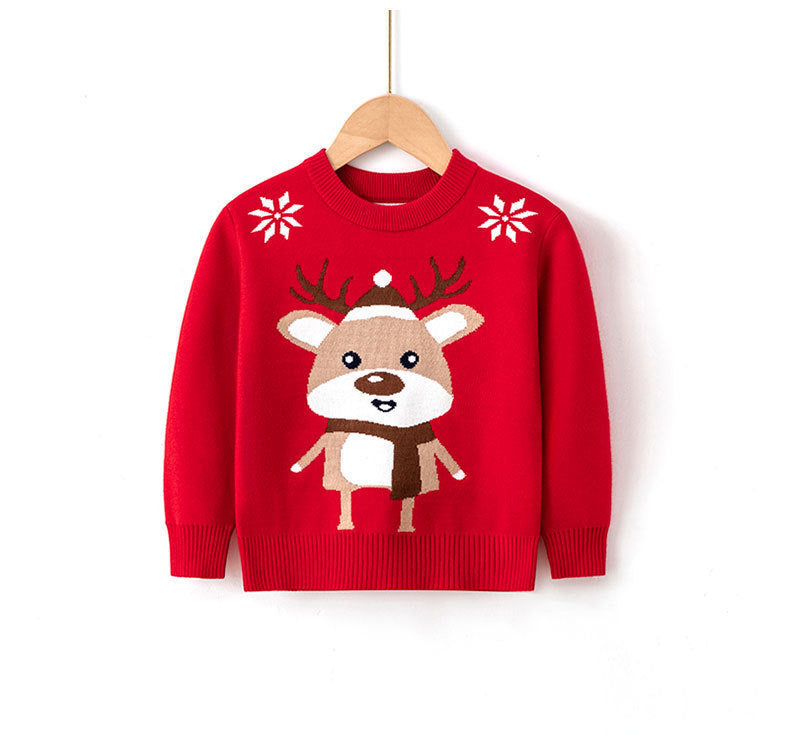 Kids red Christmas sweater with cute reindeer face appliqué and snowflake accents