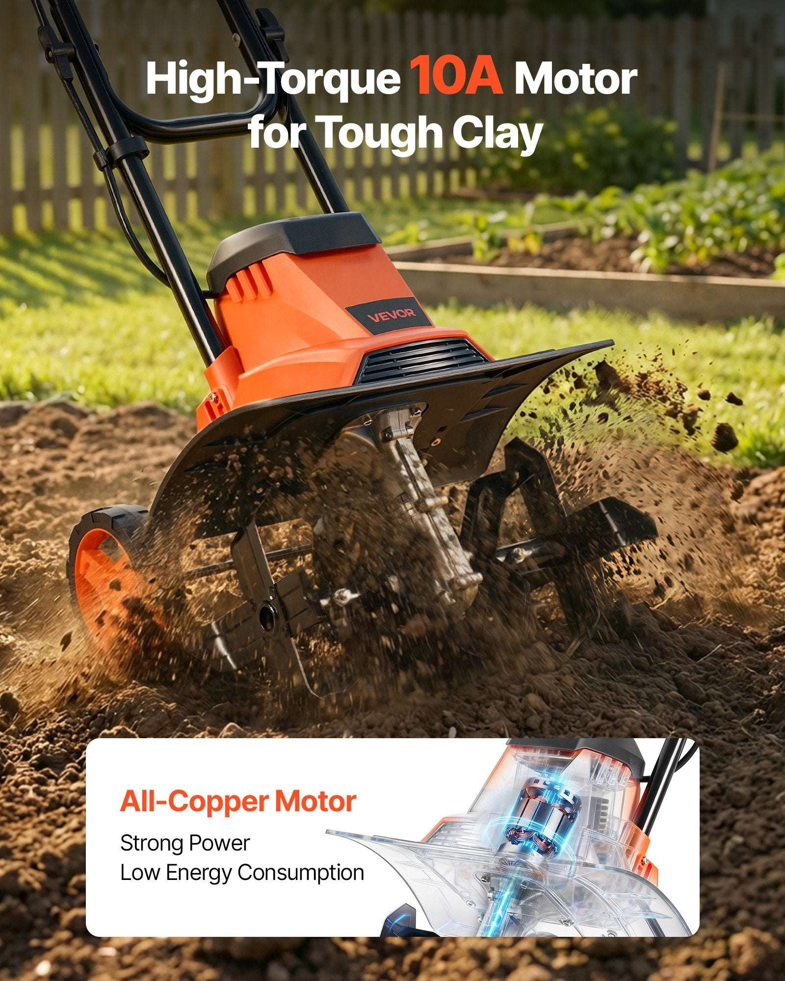Orange electric rototiller with steel blades turning soil; front wheel and guard visible