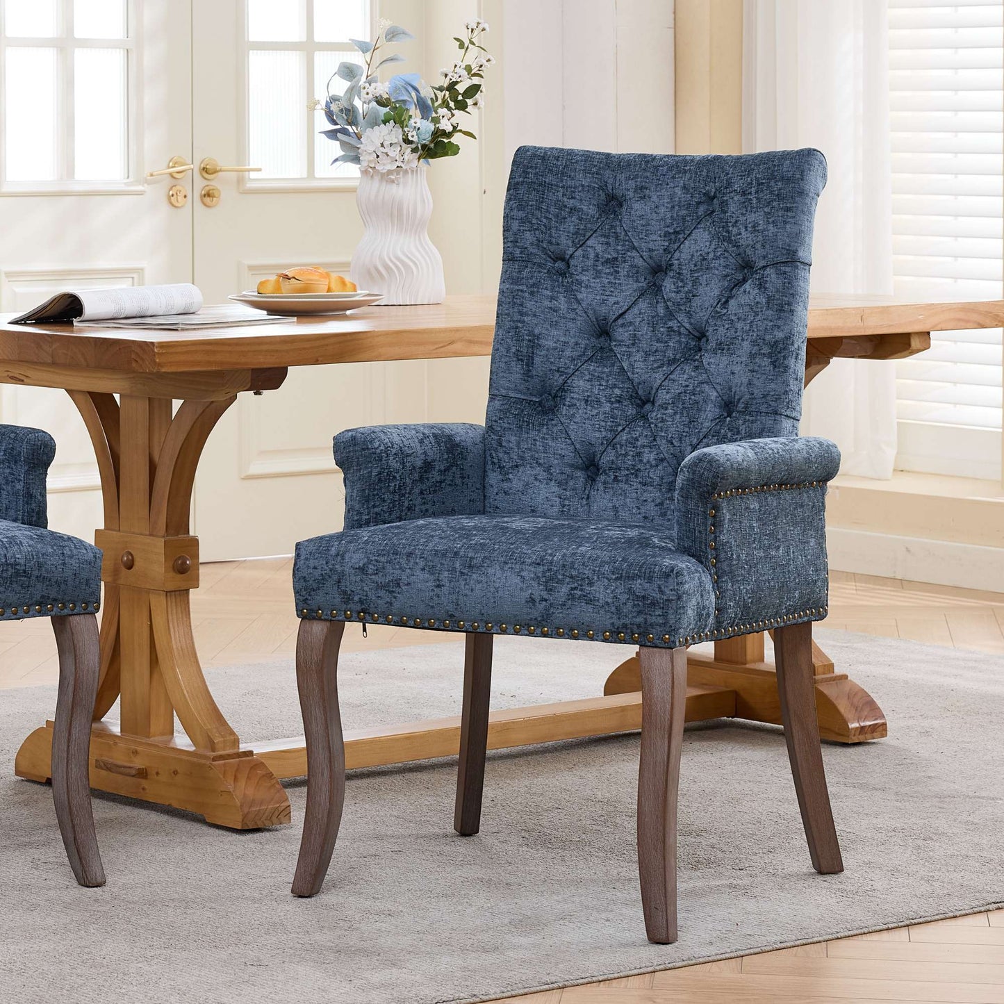 Blue Chenille Upholstered Accent Dining Chair with Tufted Back