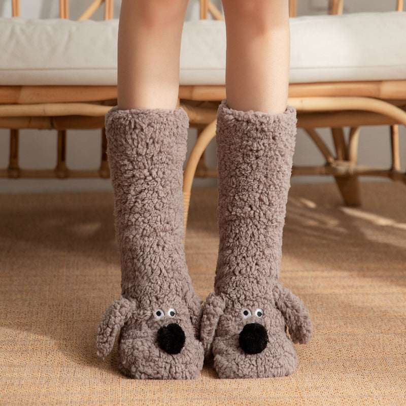 Grey-brown plush floor socks with dog faces and small whisker eyes, winter warm style