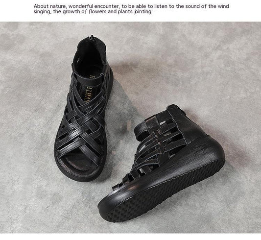 New Ethnic Style Retro Wedge Sandals Women's Casual Bag Heel Sandal Boots Cowhide Fish Mouth Sandals