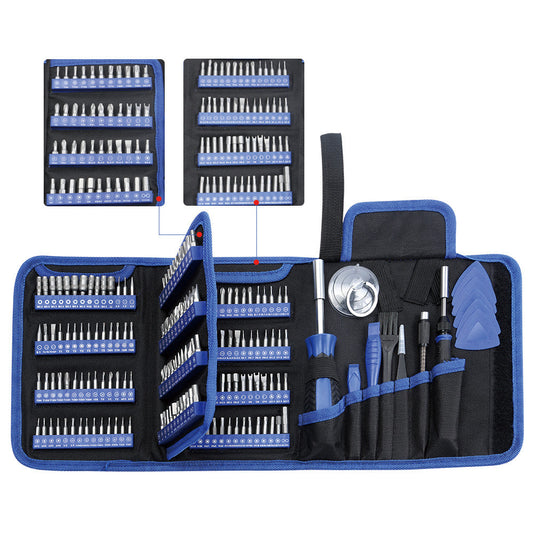Multi screwdriver bit set with blue bits in black zip pouch organizer