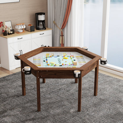 Hexagonal rustic brown wooden game table with colorful board insert and four cup holders