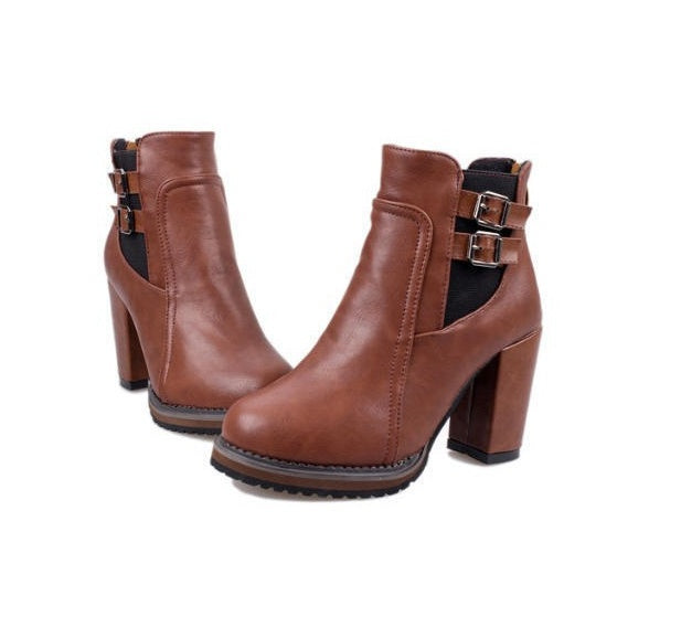 British retro thick with belt buckle boots high heel elastic women's booties