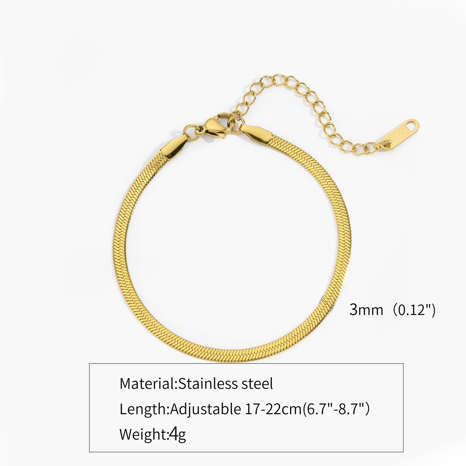 Gold-tone flat snake chain bracelet, 3mm width; adjustable 17-22cm