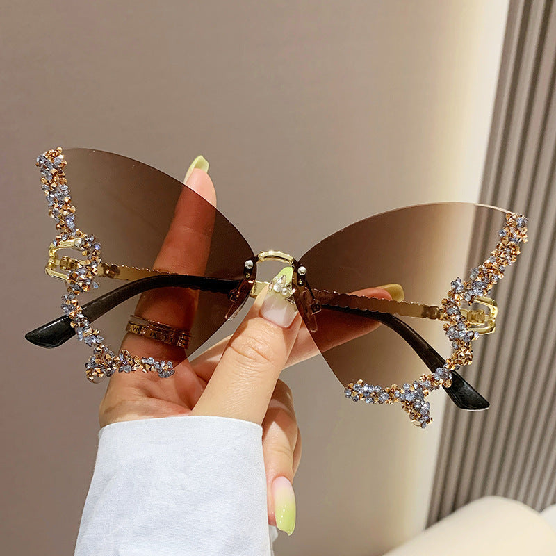 Luxury Diamond Butterfly Sunglasses Women Brand Y2K Vintage Rimless Oversized Sun Glasses Ladies Eyewear Shades