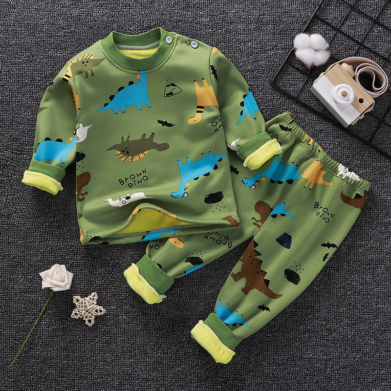 Kids thermal underwear set in green with dinosaur prints, long-sleeve top and pants.