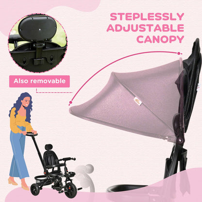 Kids 3-wheel tricycle stroller with grey canopy cover and black seat back.