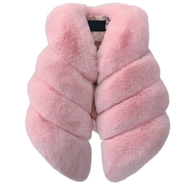 Baby girl faux-fur winter vest, pale pink, front button closure