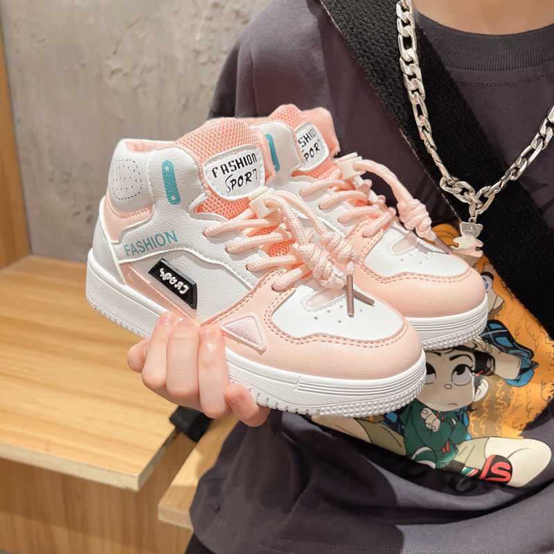 Girls' high-top sneakers, peach and white with orange laces and lace-up front panel