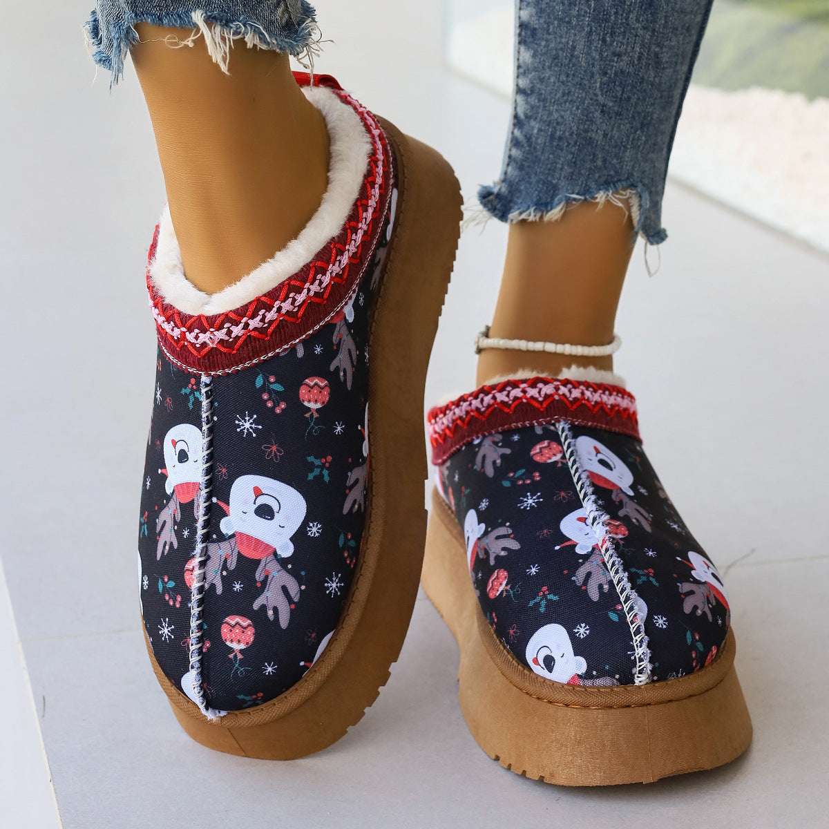 Women's Christmas Ankle Boots – Plush Lined Slip-On Winter Shoes Women's Cartoon Christmas Print Ankle Bo | Ectron Online