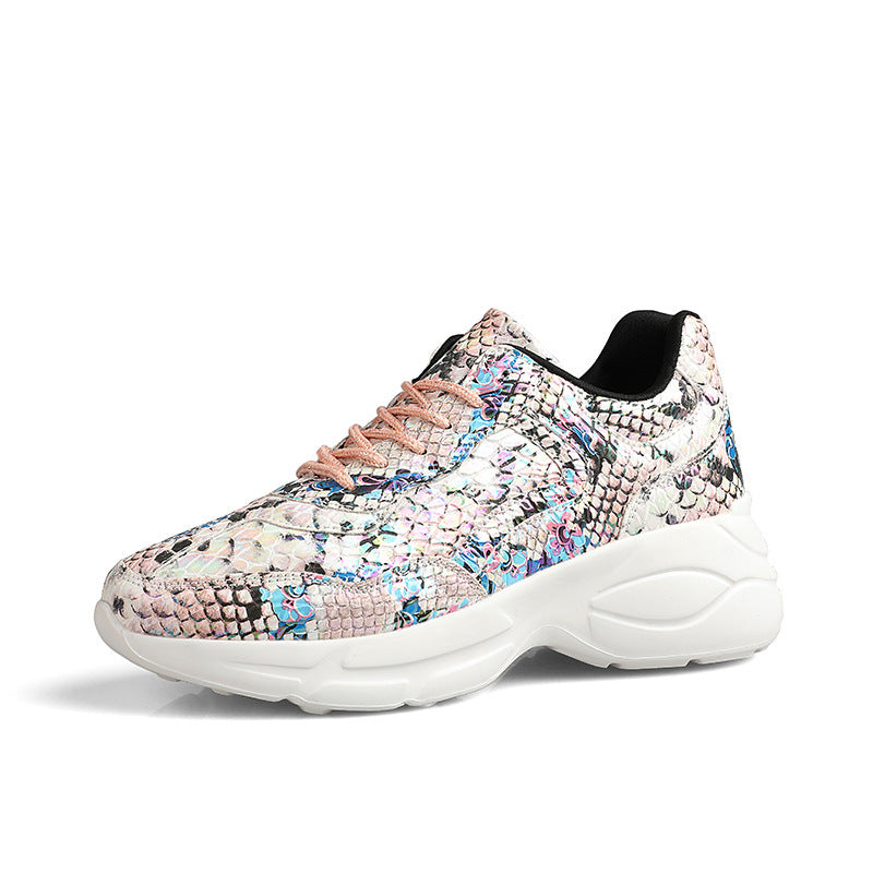 Snakeskin platform sneaker, multicolor snakeskin upper with rose-brown laces and white sole