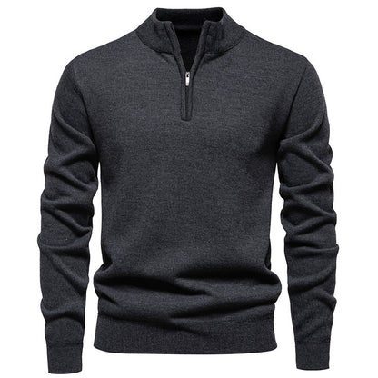 Men's knit half-zip sweater, dark charcoal gray with zip-neck and ribbed hem