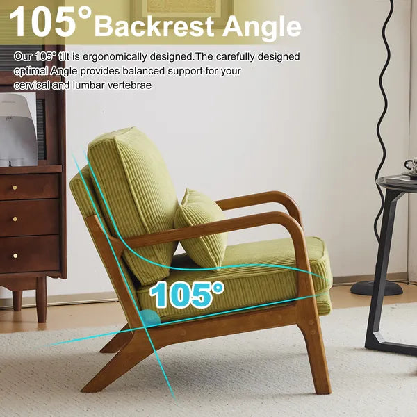 Olive green corduroy accent chair shown at a reclined backrest angle
