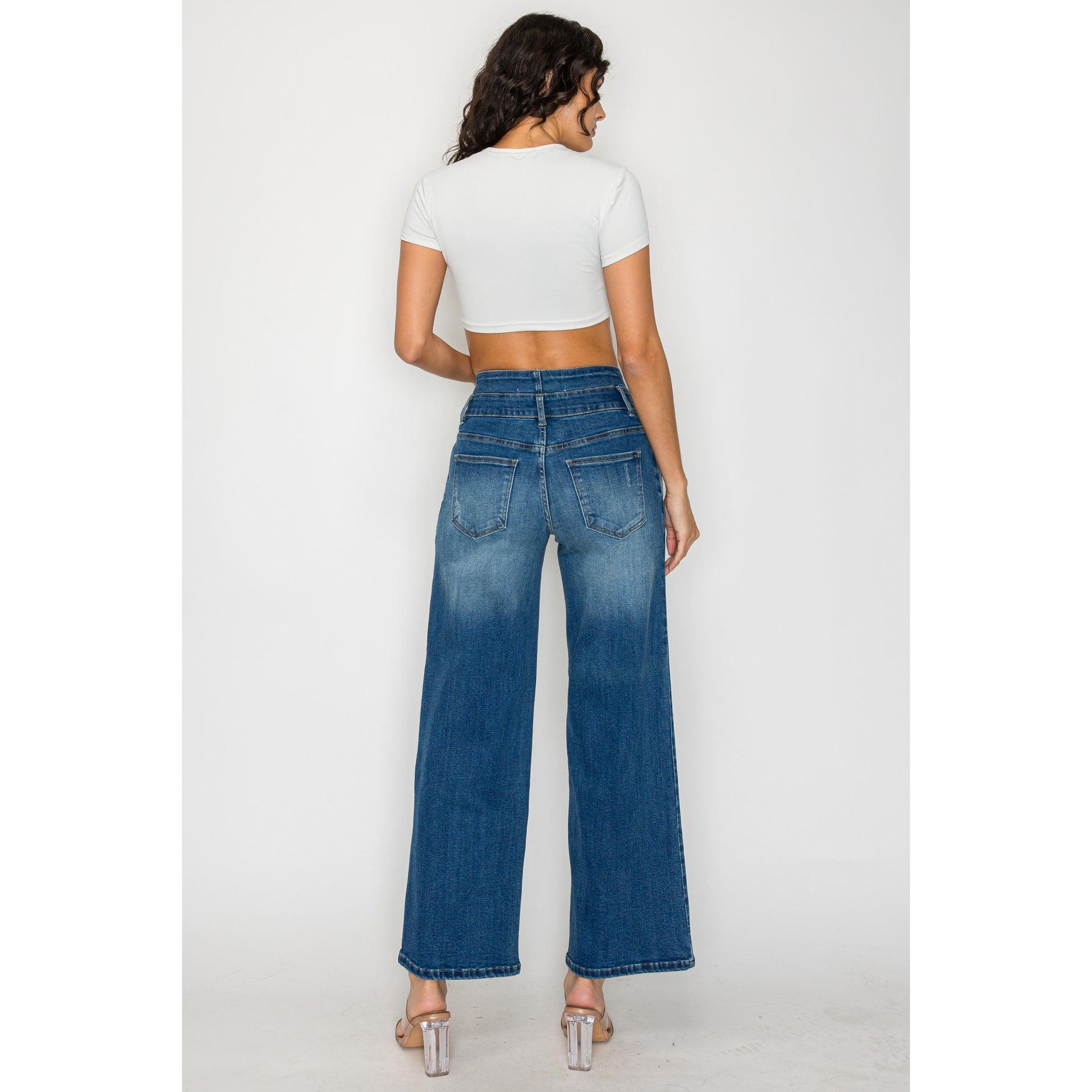 Women’s medium-blue denim wide-leg jeans, high rise, back view