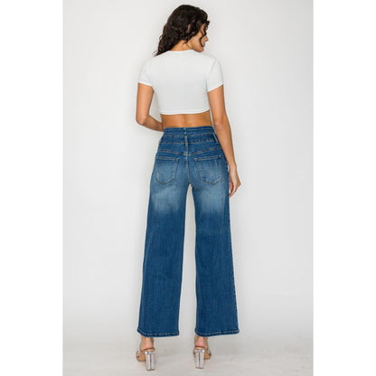 Women’s medium-blue denim wide-leg jeans, high rise, back view