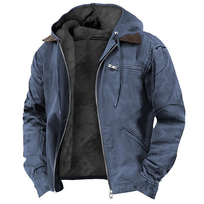 Men’s hooded fleece zip-up jacket in blue with black inner hood and zip front closure.