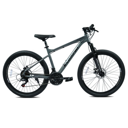 All-terrain mountain bike full side view with grey frame and black suspension fork