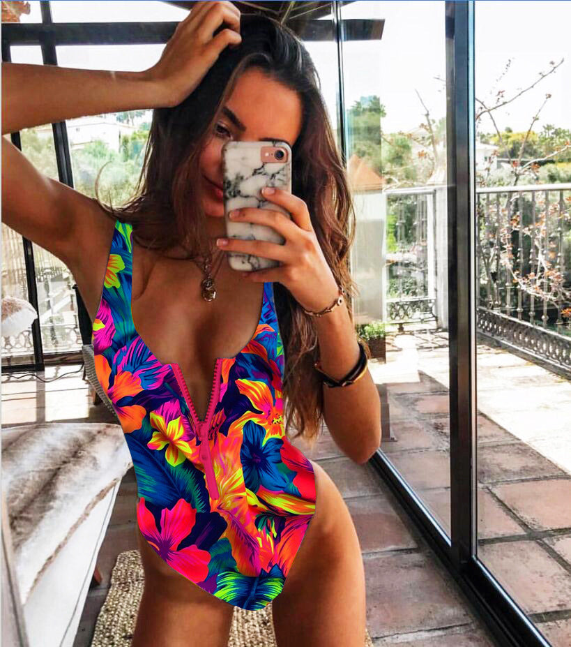 Women’s Zipper One-Piece Swimsuit – Sexy Printed Swimwear Ladies zipper sexy one-piece printed swi | Ectron Online