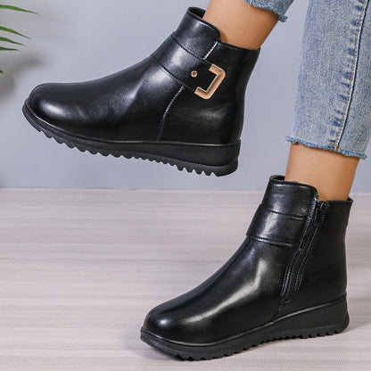 Women's Winter Fleece Ankle Boots | Non-Slip Side Zipper PU Shoes Winter Fleece Boots With Side Zipper Des | Ectron Online