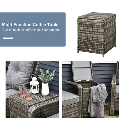 Resin wicker coffee table with gray top cushion and storage box