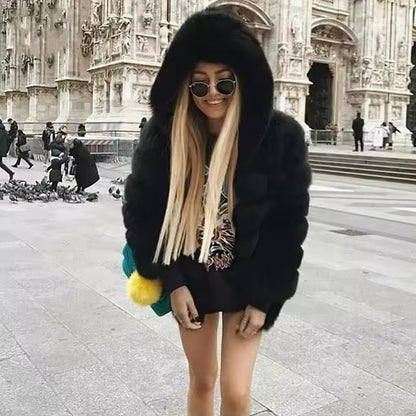 Women's Minimalist Patchwork Fur Jacket | Hooded Faux Fur Grass Coat Women's Minimalist Hooded Patchwork Fur | Ectron Online
