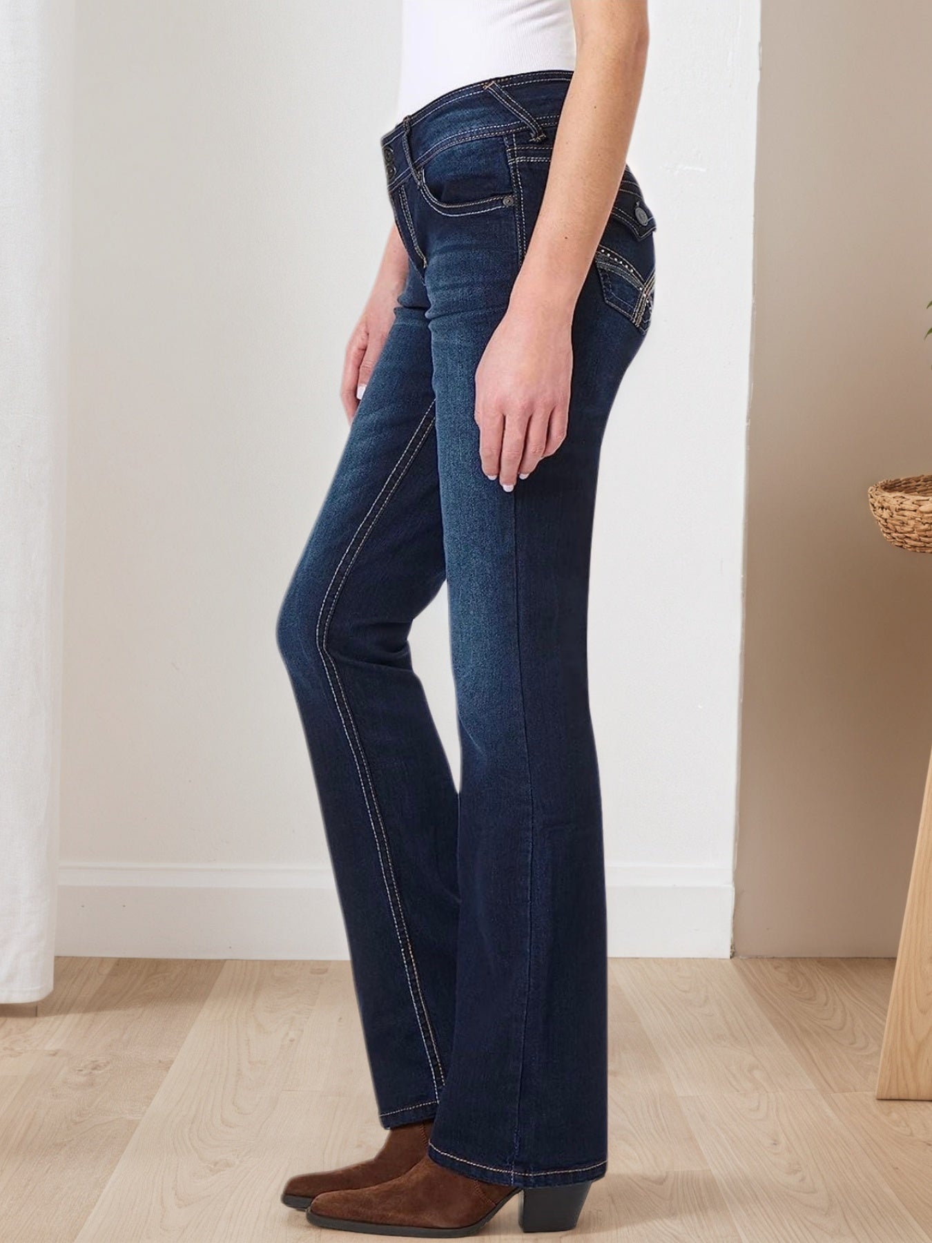 Blue embroidered pocket jeans with stitched front pockets and contrast side seams