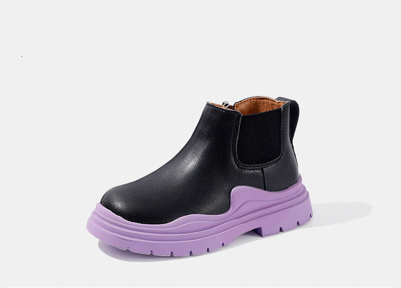 Kids leather Chelsea boots, black with lavender tread sole and side elastic