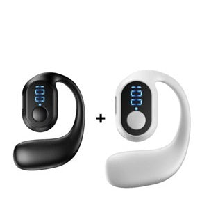 Pair of non-in-ear wireless headsets, black and white, both with blue LED displays