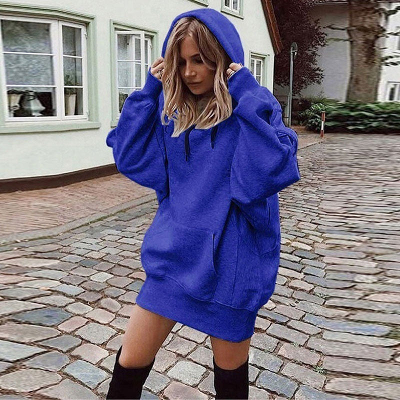 Women’s blue fleece pullover hooded sweatshirt with front pocket and drawstring