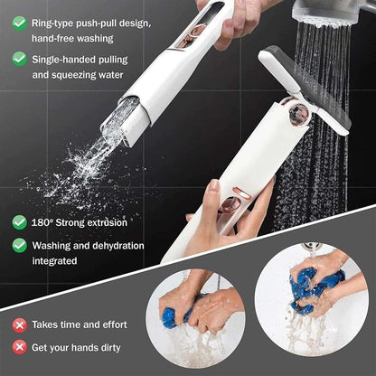 Self-squeeze mini mop dispensing water with gray scrub pad for tile and floors