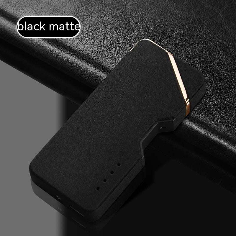Metal double-arc lighter, black matte finish with orange trim and open top