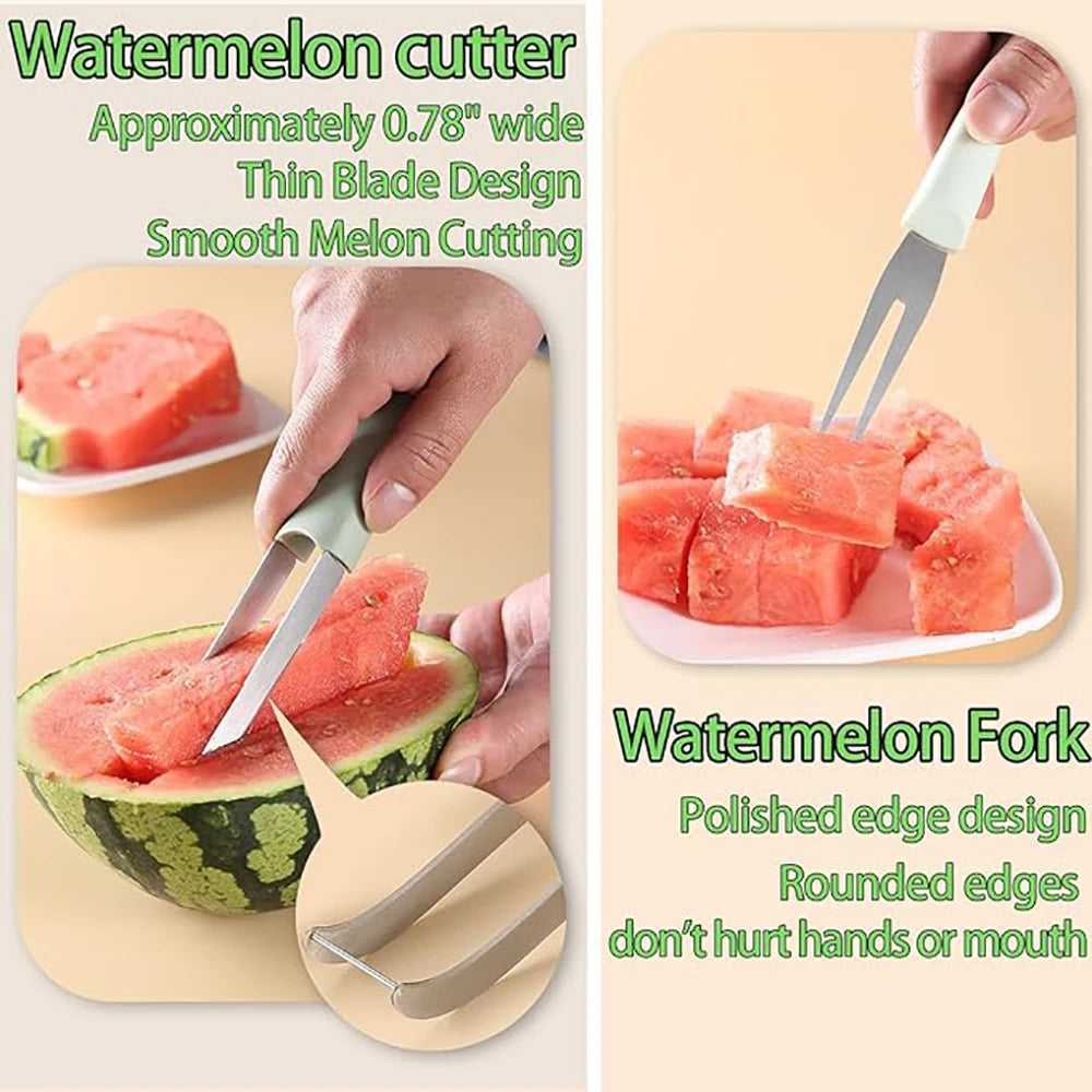 Watermelon cutter tool with mint-green handle and thin stainless blade for slicing.