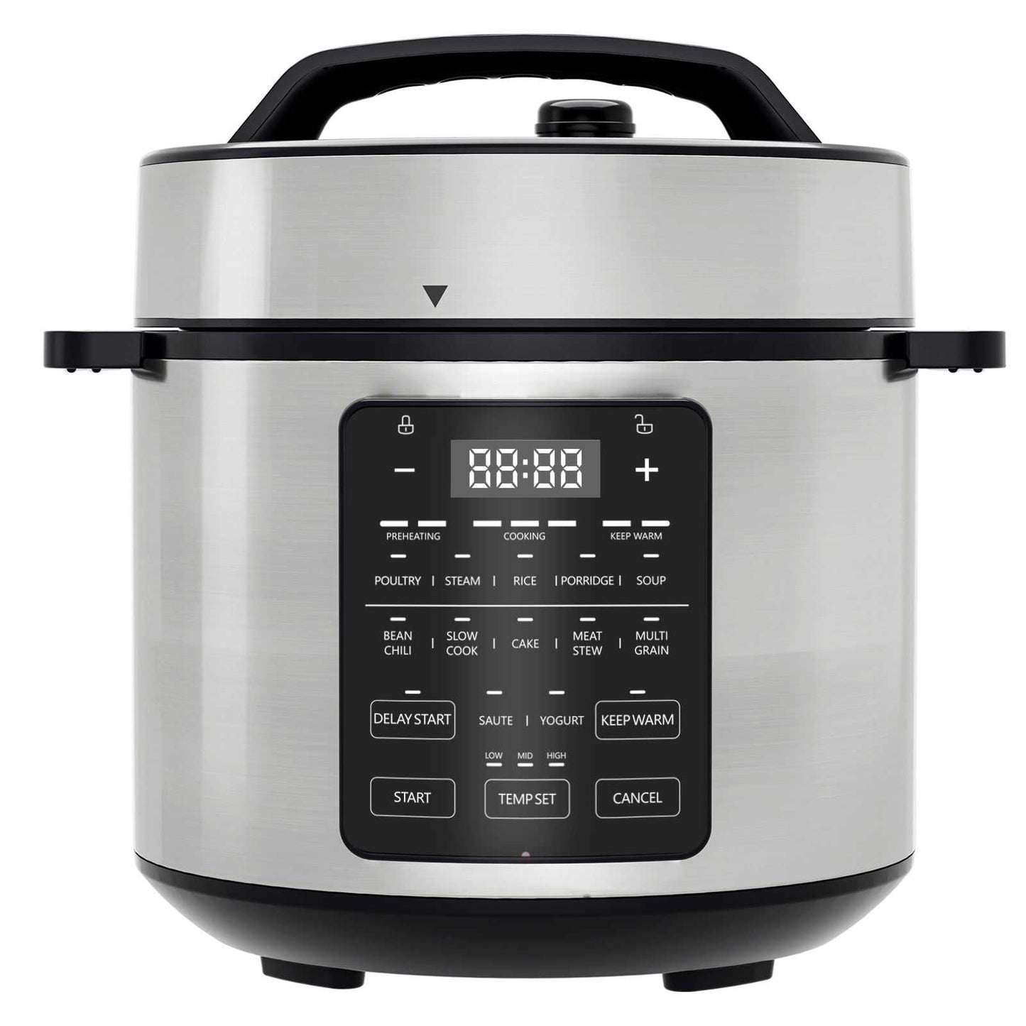 Stainless electric pressure cooker with black front control screen and side handles