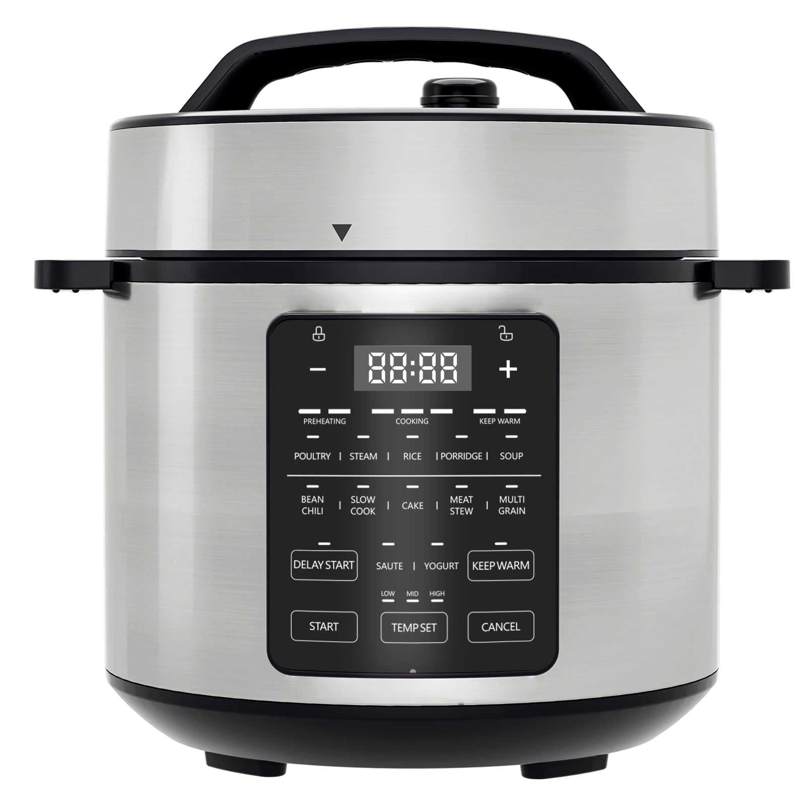 Stainless electric pressure cooker with black front control screen and side handles