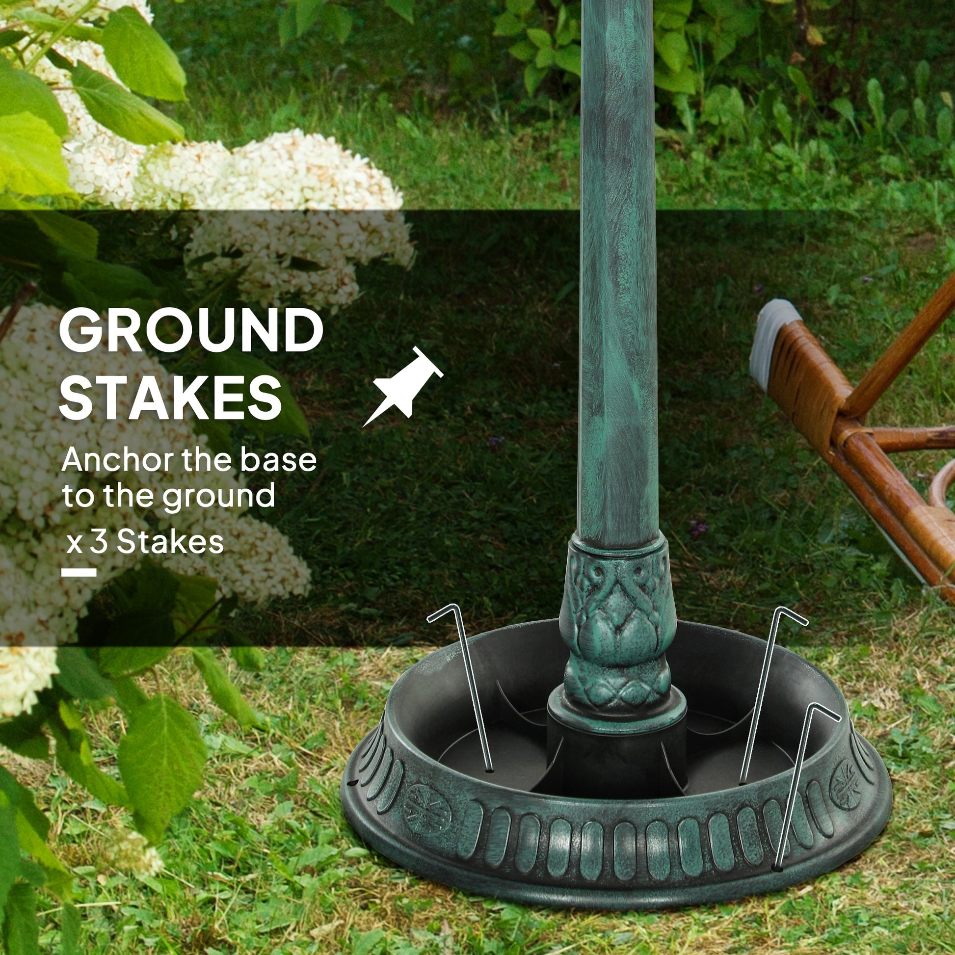 Antique green bird bath base with three ground stakes for anchoring