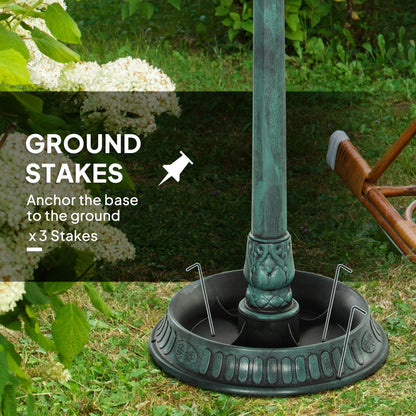 Antique green bird bath base with three ground stakes for anchoring