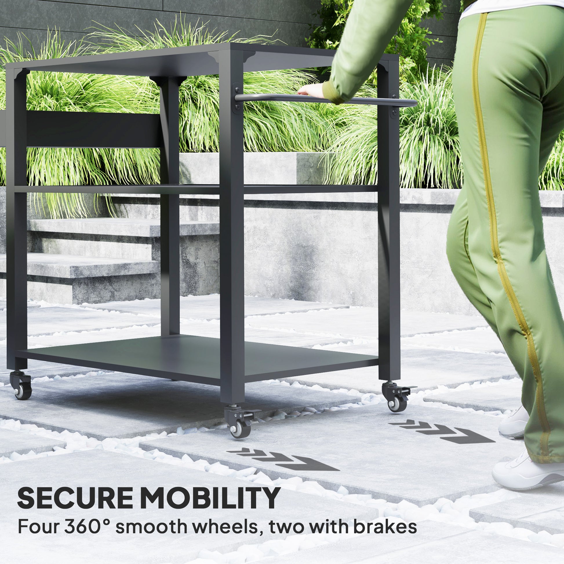 Black 3-tier grill cart on casters with bottom panel shelf and snow-ready frame