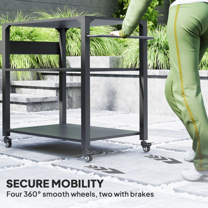 Black 3-tier grill cart on casters with bottom panel shelf and snow-ready frame