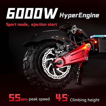 Electric scooter front wheel and red fork, with disc brake and treaded tire close-up.