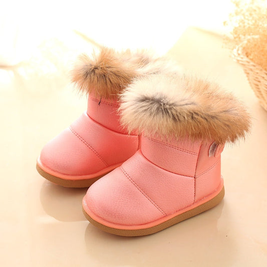 Children's Soft Bottom Baby Girl Thickened Real Rabbit Fur Snow Cotton Boots