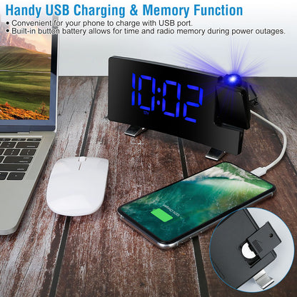 Projection Alarm Clock with Radio | 180° Rotatable LED Digital Clock 1Pc Projection Alarm Clock With Radio Fu | Ectron Online