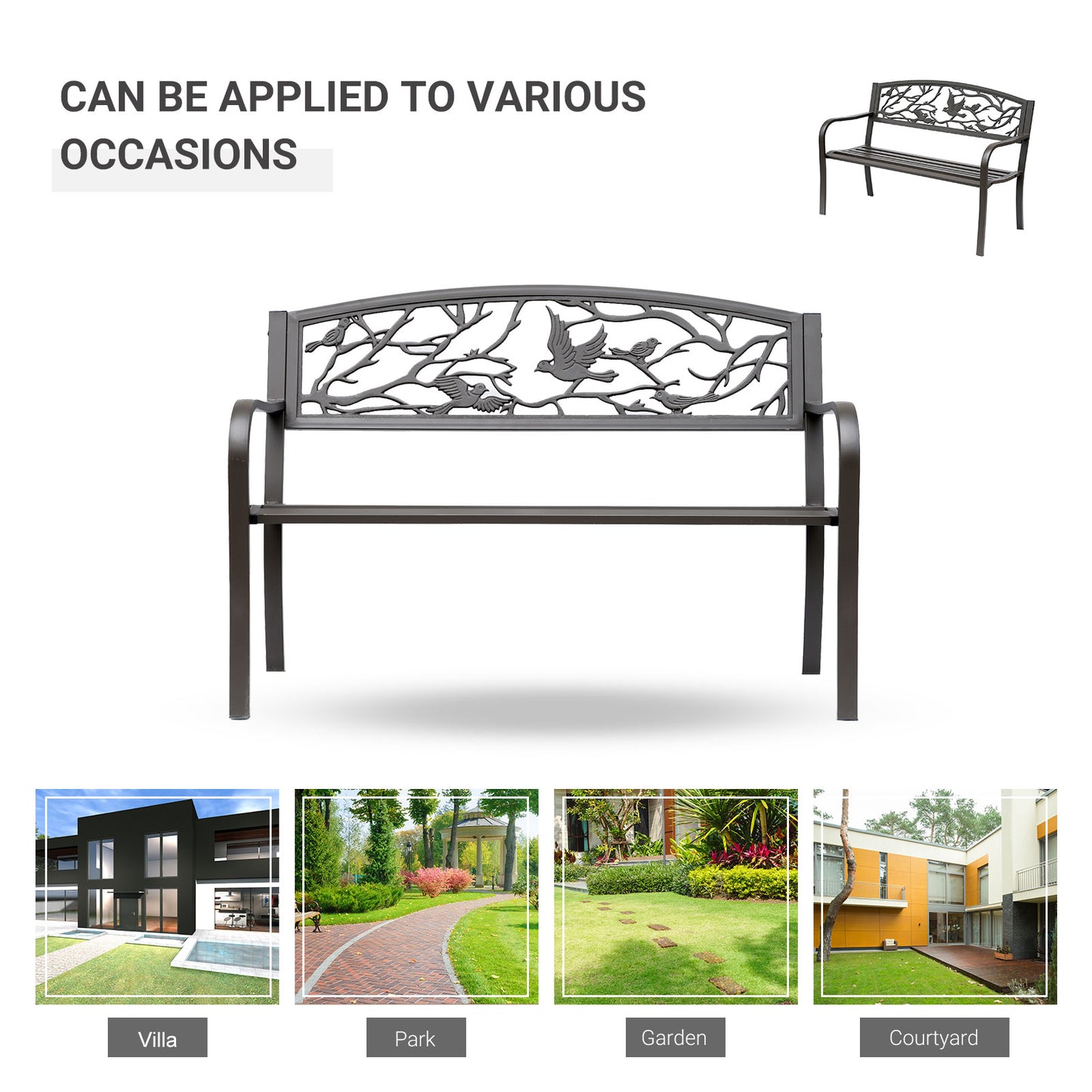 Brown 2-seat garden bench with decorative bird backrest and slatted seat
