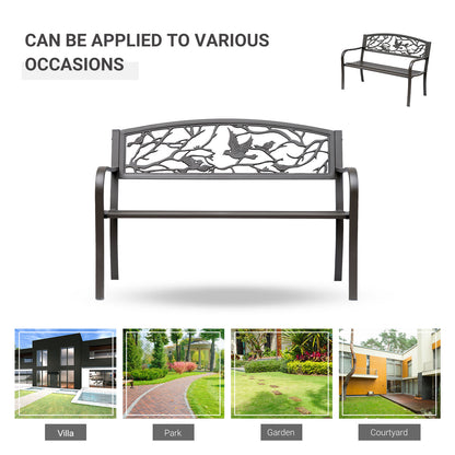 Brown 2-seat garden bench with decorative bird backrest and slatted seat